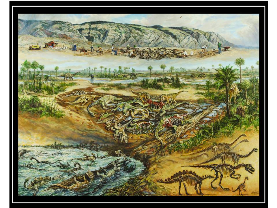 Painting of Howe Ranch dinosaur quarry, once upon a time and now by Mike Kopriva