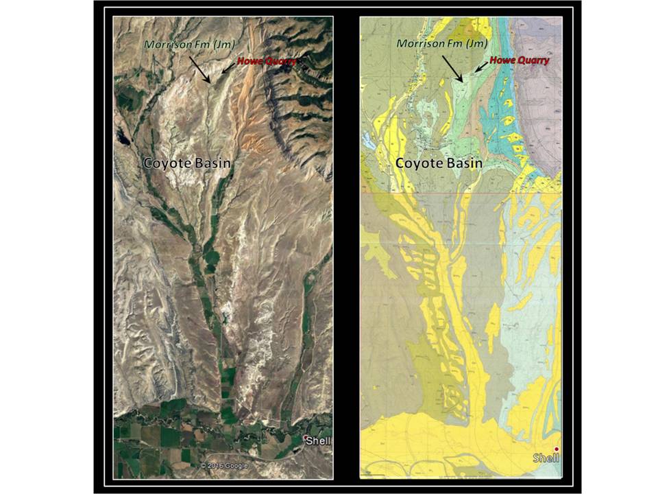 Geologic map and Google Earth image of Shell area dinosaur bone beds, Big Horn County, Wyoming