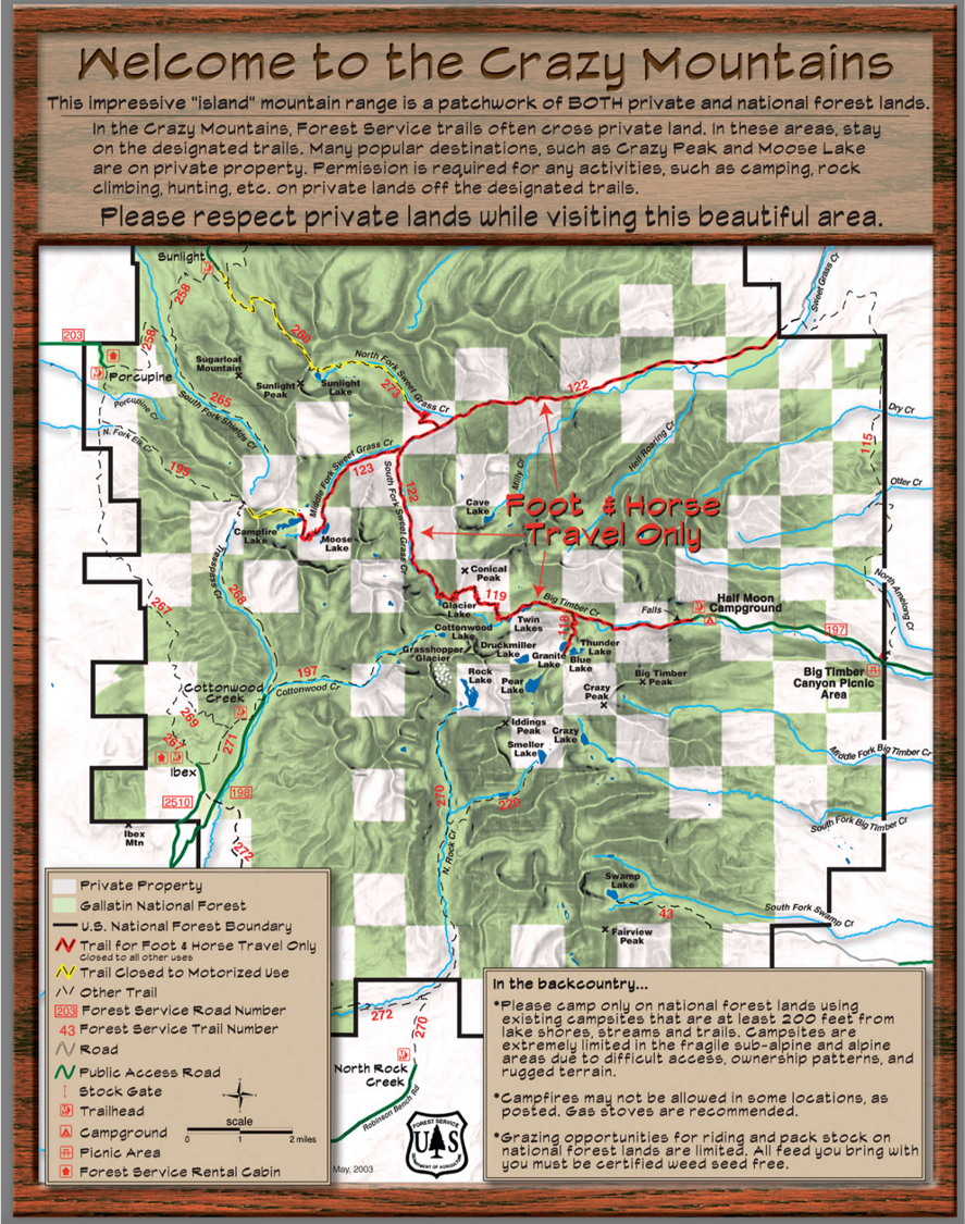 Trail and public land map for southern Crazy Mountains, Montana