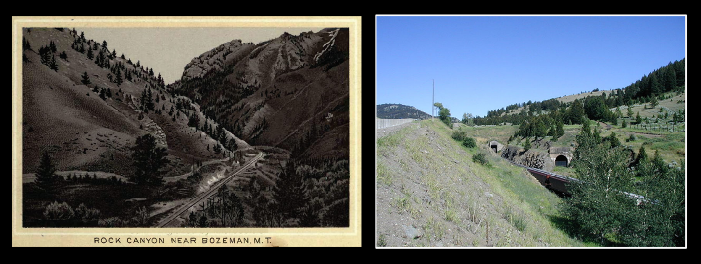 Pictures of Northern Pacific Railroad tracks entering Bozeman Pass 1884 and Bozeman Pass tunnel entrance, Montana