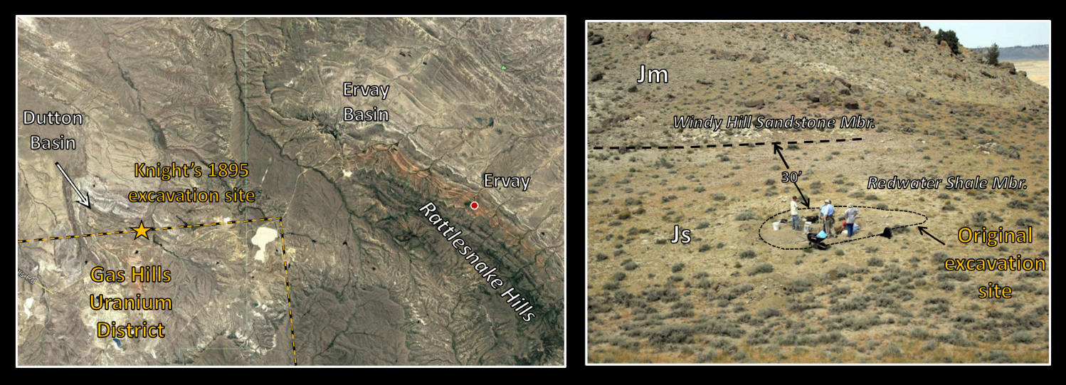Map and picture of Megalneusaurus rex excavation site, Wind River Basin, Wyoming