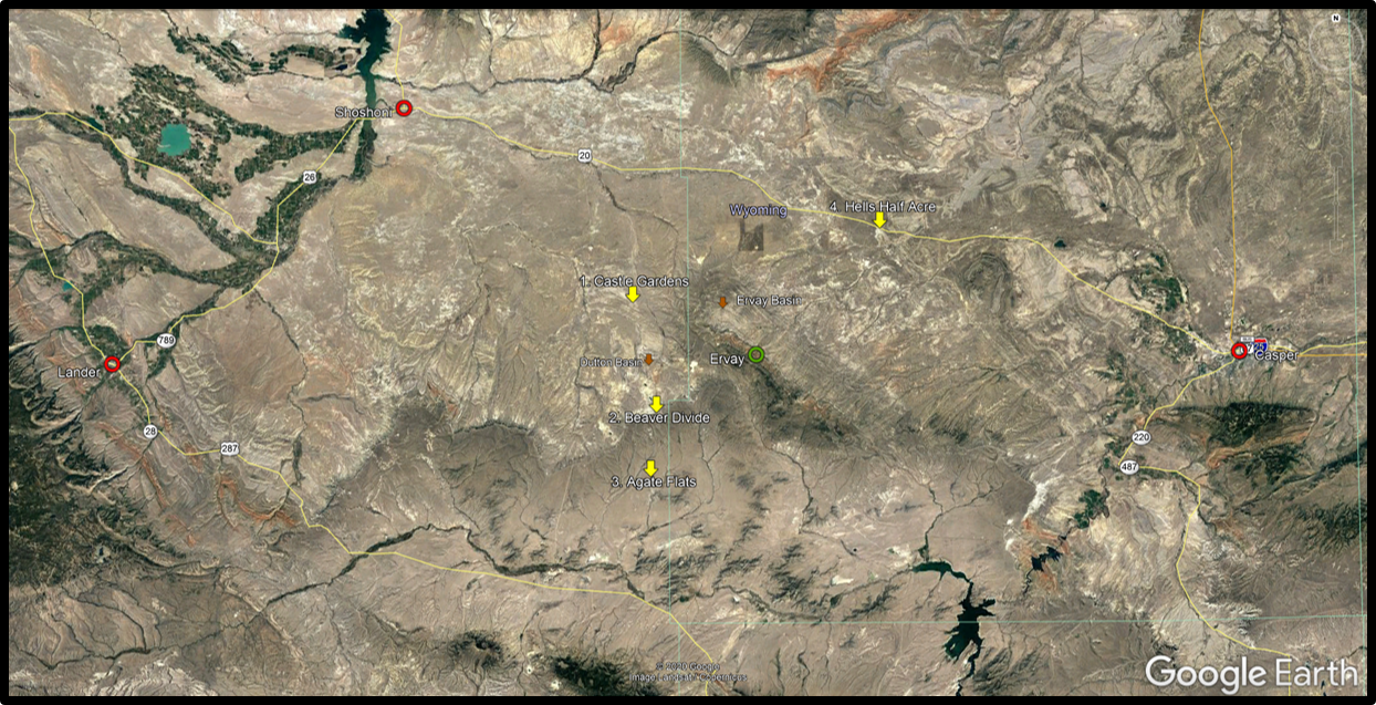 Google Earth image of Wind River Basin showing attractions, Wyoming