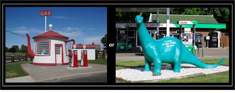 Picture gas station with  Brontosaur