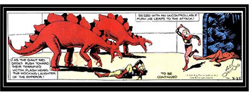 Comic strip hero Flash Gordon battling dinosaurs, 1934
