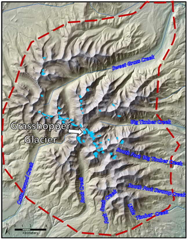 Map of remaining glaciers in the Crazy Mountains, Montana