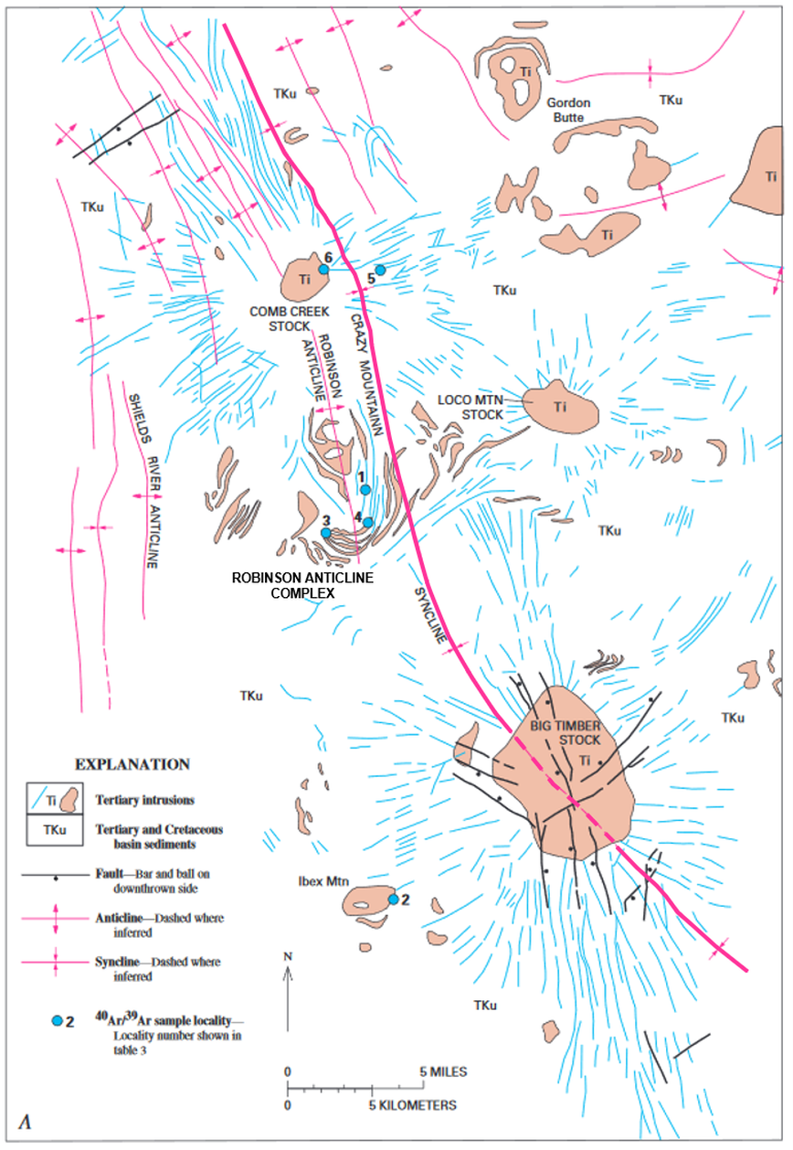 Geology map of southern Crazy Mountains Basin intrusive complex and dikes, Montana