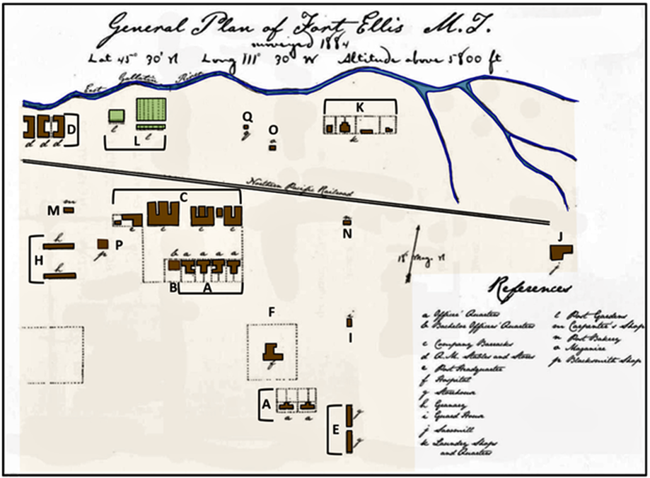 Hand drawn map of Fort Ellis, 1884, Montana