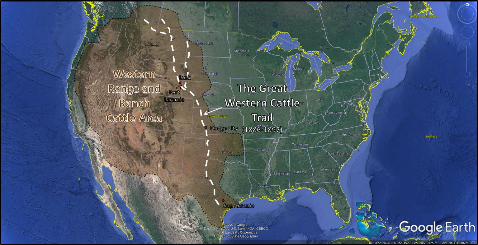 Map of Great Western Cattle Trail Texas to Canada
