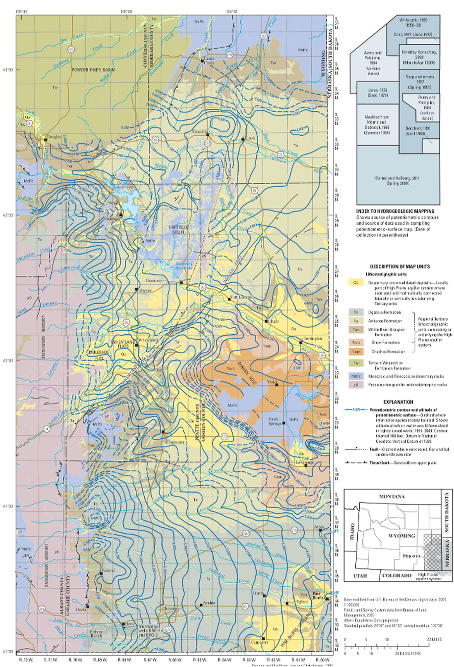 Wyoming High Plains geology map and potentiometric surface map of the High Plains aquifer system, southeast Wyoming