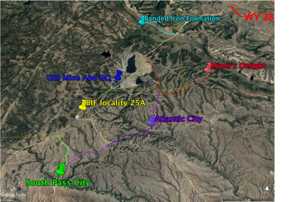 Google Earth map to attractions in South Pass Area, Wyoming